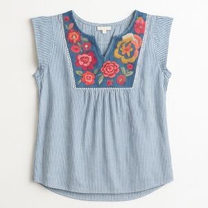 💙 Andree by Unit Embroidered Floral Striped Sleeveless Cottage Blouse Cotton Ra